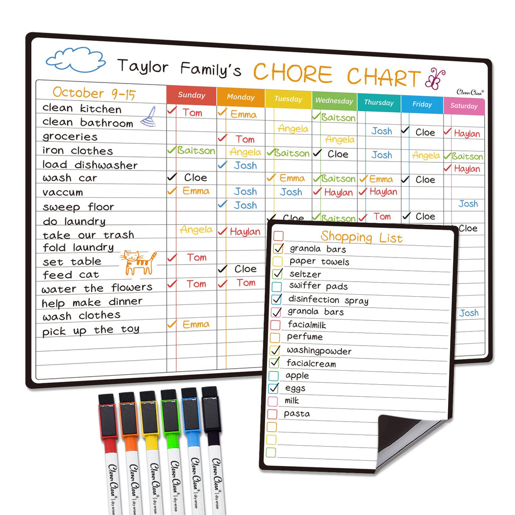 Magnetic Dry Erase Chore Chart - 14.5"x11" Chore Board, 6.5"x8.5" List Board for Fridge - 6 Extra Fine Point Markers Included - Shipped Flat