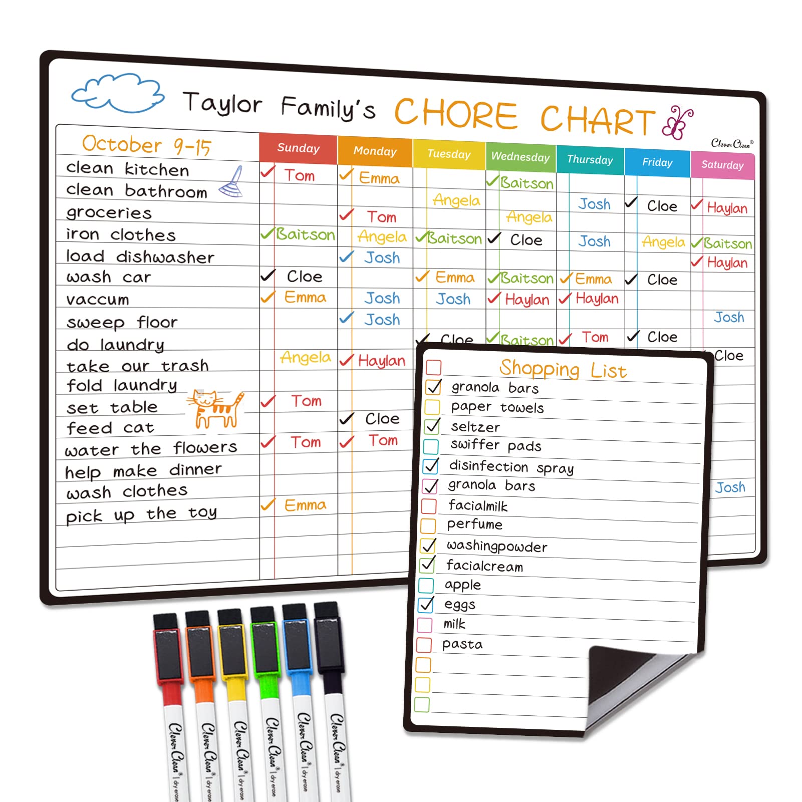 Magnetic Dry Erase Chore Chart - 14.5"x11" Chore Board, 6.5"x8.5" List Board for Fridge - 6 Extra Fine Point Markers Included - Shipped Flat