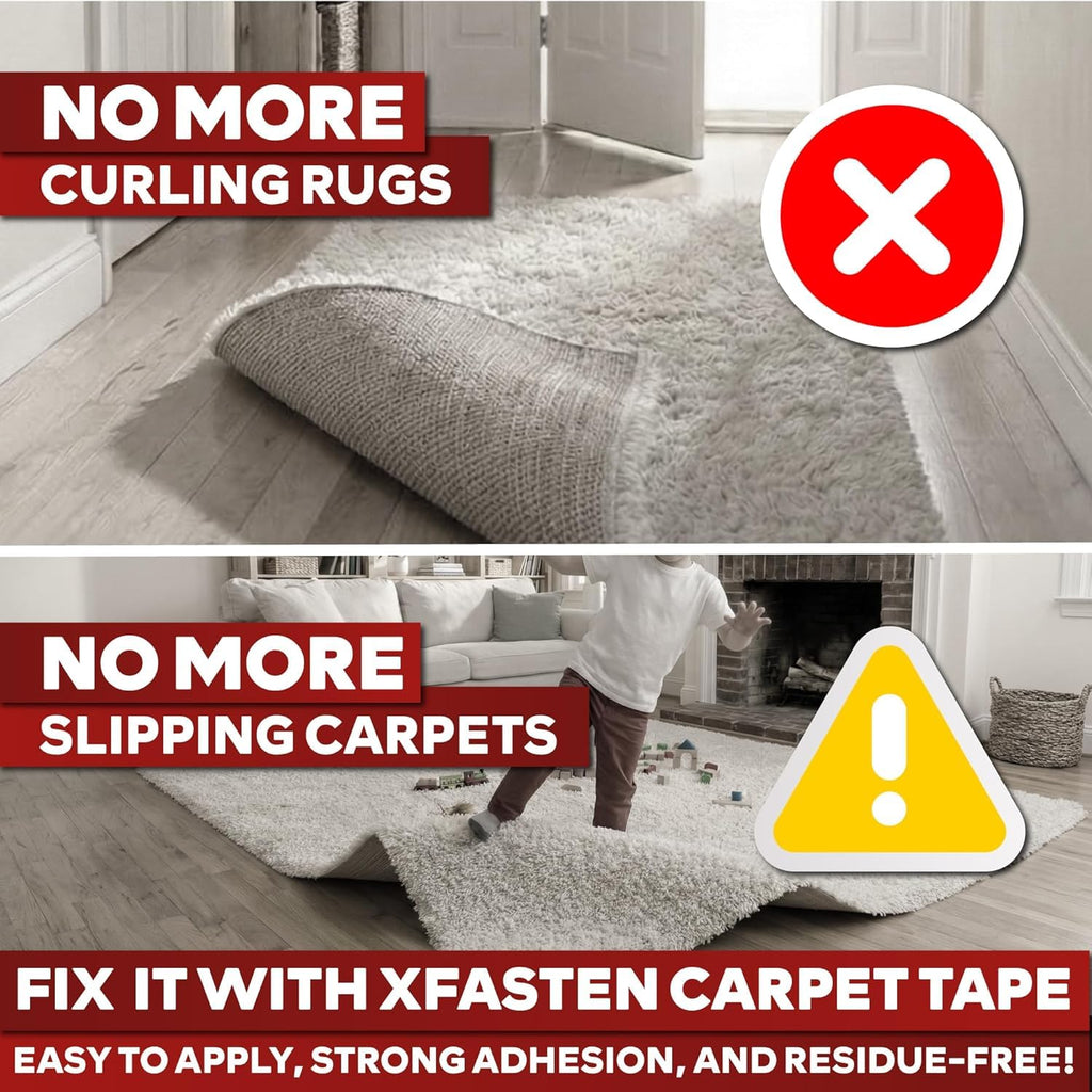 XFasten Double Sided Carpet Tape for Area Rugs 2 Inch x 30 Yards, Residue-Free Carpet Tiles Tape, Removable Heavy-Duty Rug Pad Gripper for Hardwood, Vinyl Flooring Underlayments, Laminate- Wood-Safe