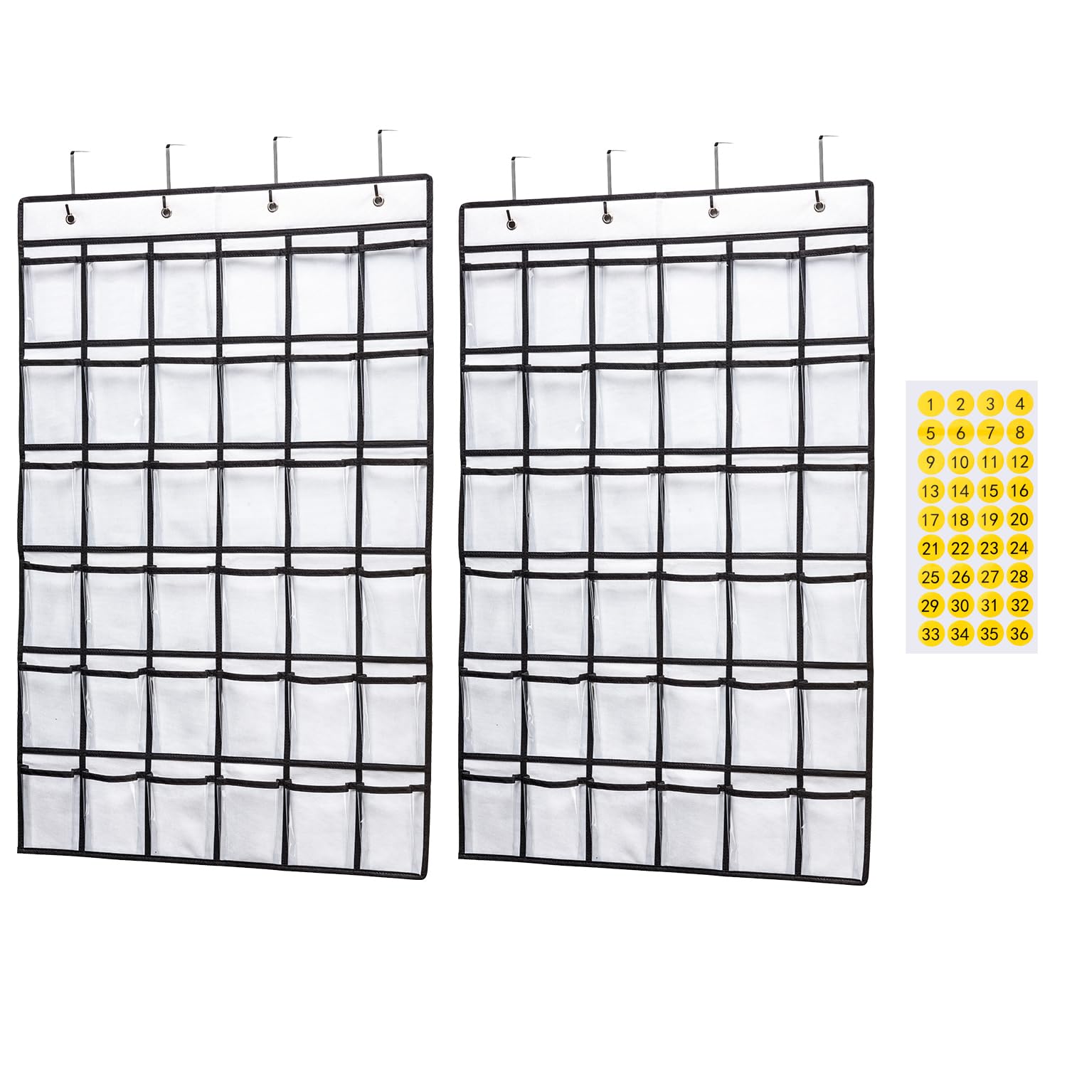 SAVERHO Classroom Pocket Chart，36 clear Hanging Pocket Organizer for Cell Phone and Calculator Holder，Door Hanging Organizer for Classroom with 36 Number Sticker(White-2pack)