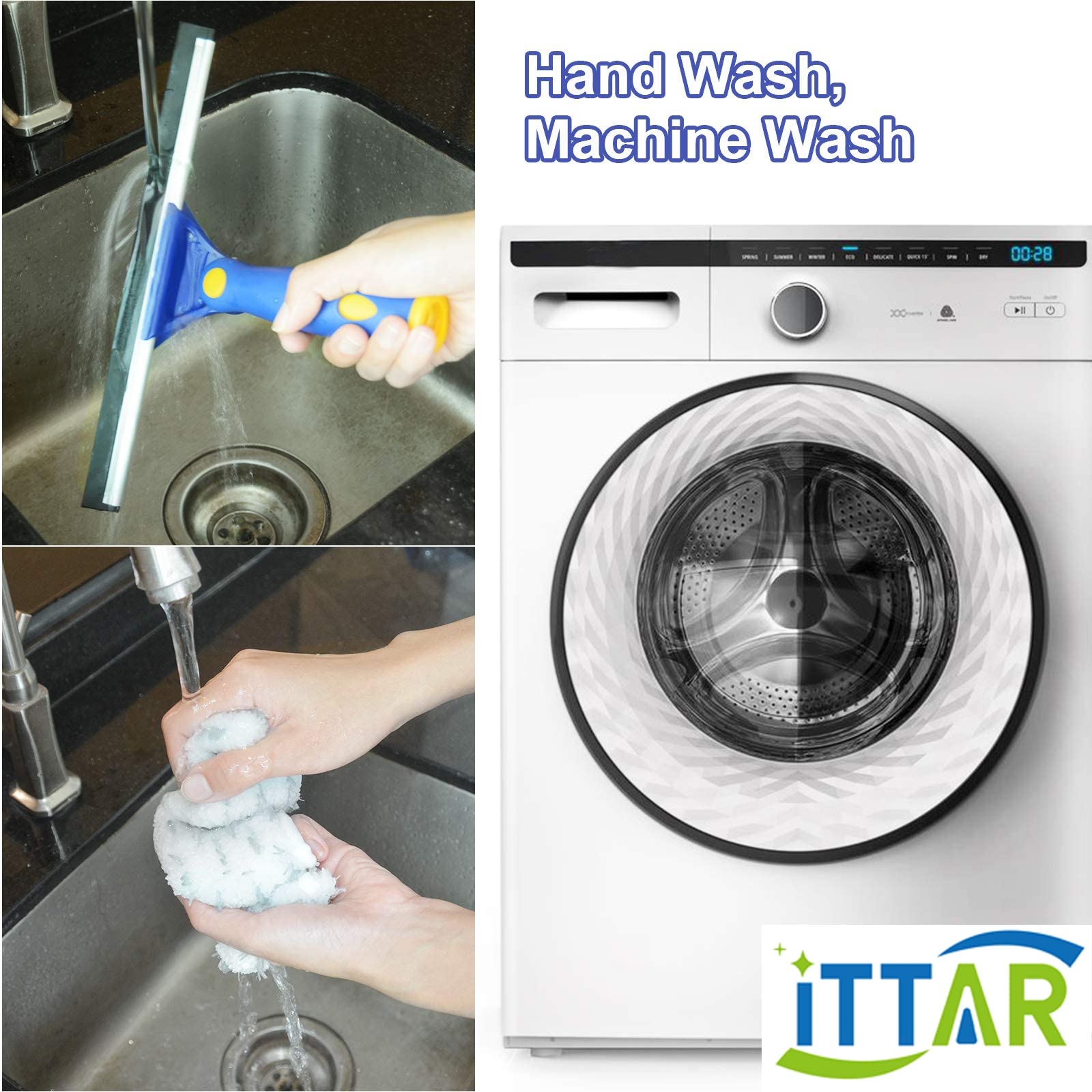 ITTAR Window Cleaner Squeegee,Rotatable Squeegee and Microfiber Scrubber with Extendable 3 Section Stainless Steel Pole,Window Cleaning Tool with 2 Microfiber Pads for Shower Glass Door,Car Windshield