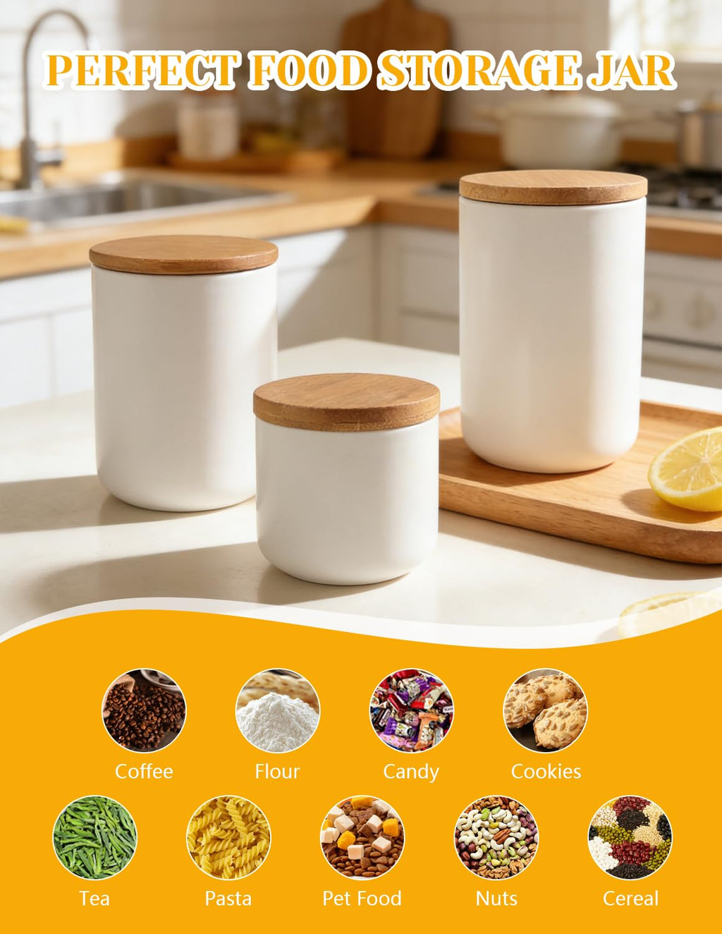 YYW Ceramic Food Storage Jar Containers Kitchen Canisters with Airtight Seal Lid for Coffee Beans Sugar Spices (White, Large)