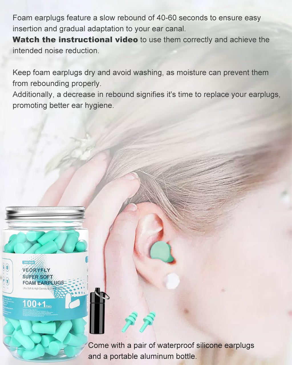 VeoryFly Soft Foam Ear Plugs for Sleeping Noise Cancelling Snoring, 100 Pairs 38 dB Highest SNR, Concert Study Travel Sleep Earbuds Earplugs, Bouchon Oreille Anti Bruit Pour Dormir