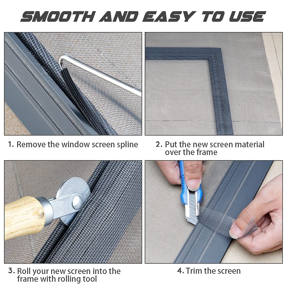 Screen Repair Kit - Easy DIY Project 36" x 90" Fiberglass Mesh With Rolling Tool and Retainer Spline - Replacement for Windows, Sliding Doors, and Patio Screens (Black)