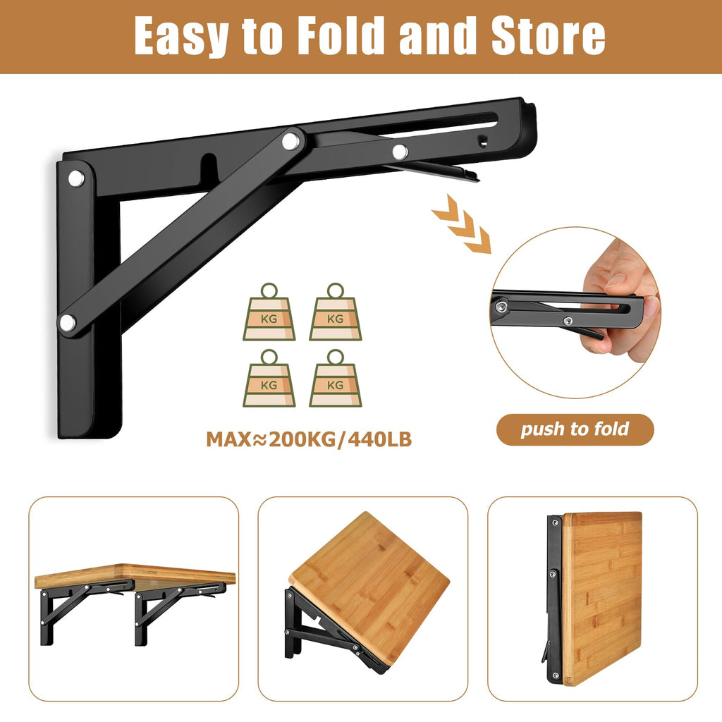 4 Pcs Folding Shelf Brackets, 8 inch Heavy Duty Foldable Triangle Shelving Brackets with Screws, Black Metal Wall Mounted Brackets for Bench Table, Space Saving, Shelves Support DIY