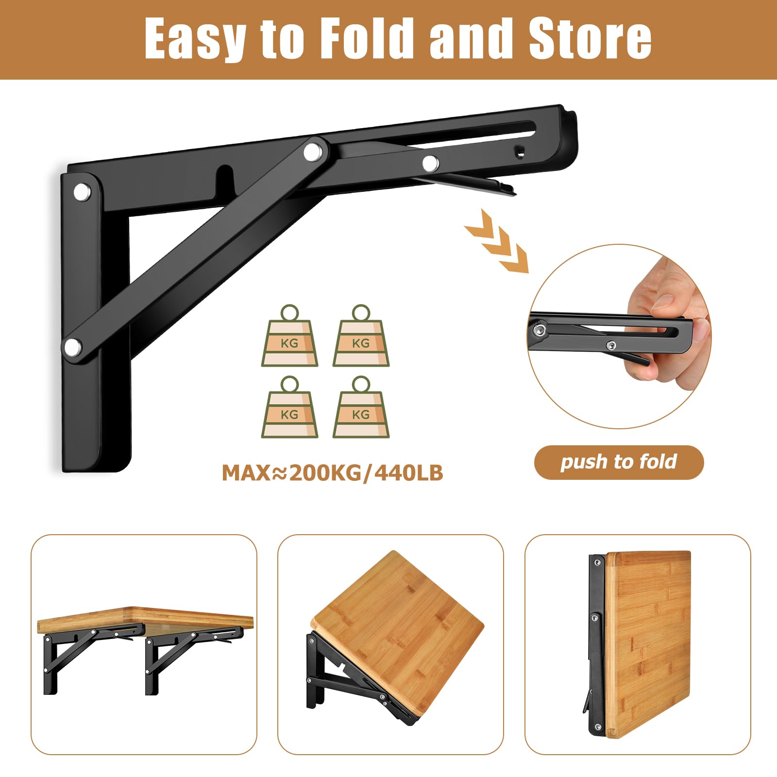 4 Pcs Folding Shelf Brackets, 8 inch Heavy Duty Foldable Triangle Shelving Brackets with Screws, Black Metal Wall Mounted Brackets for Bench Table, Space Saving, Shelves Support DIY