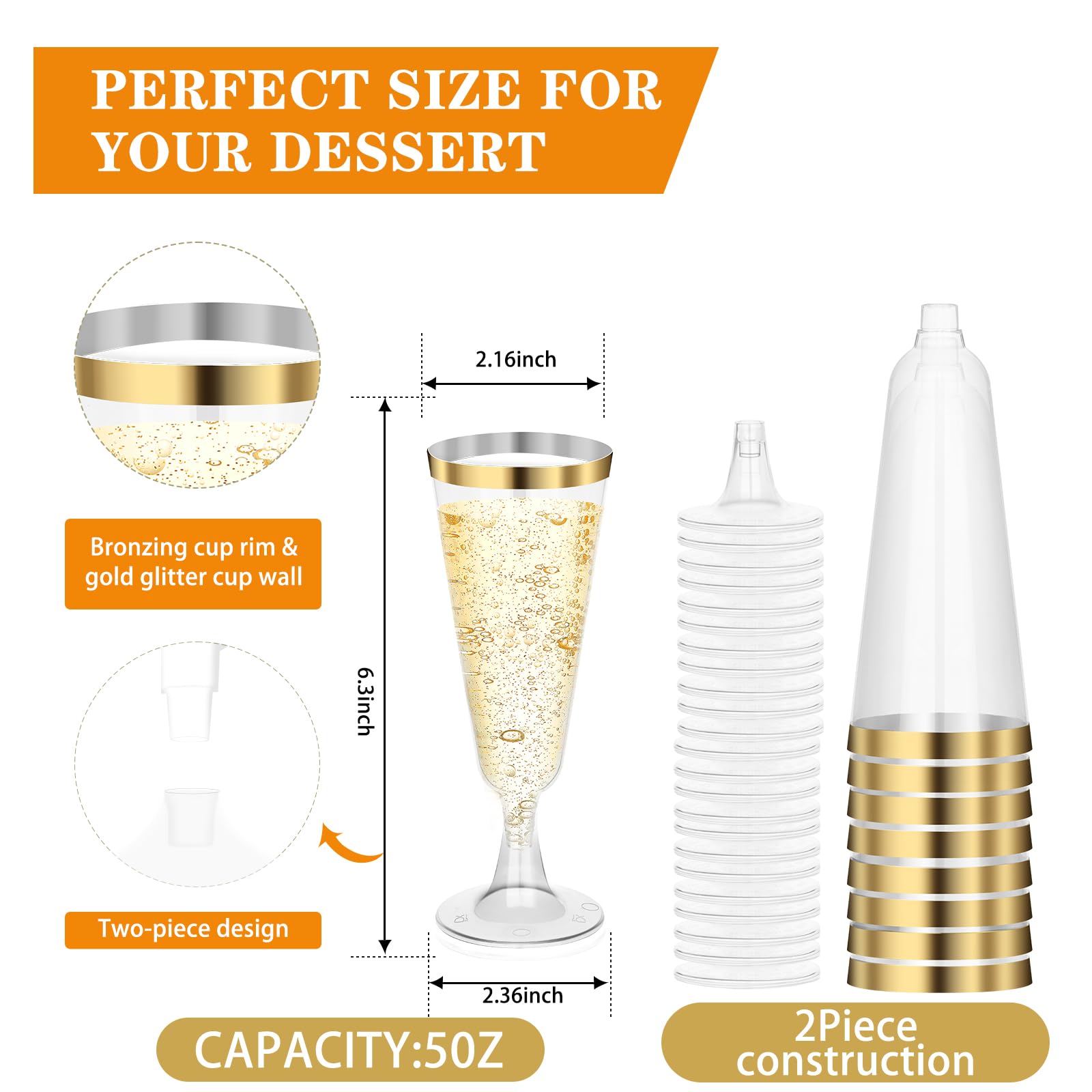 50 Pcs Plastic Champagne Flutes, 5 Oz Champagne Glasses, Plastic Wine Glasses for Party, Disposable Champagne Cups for Wedding