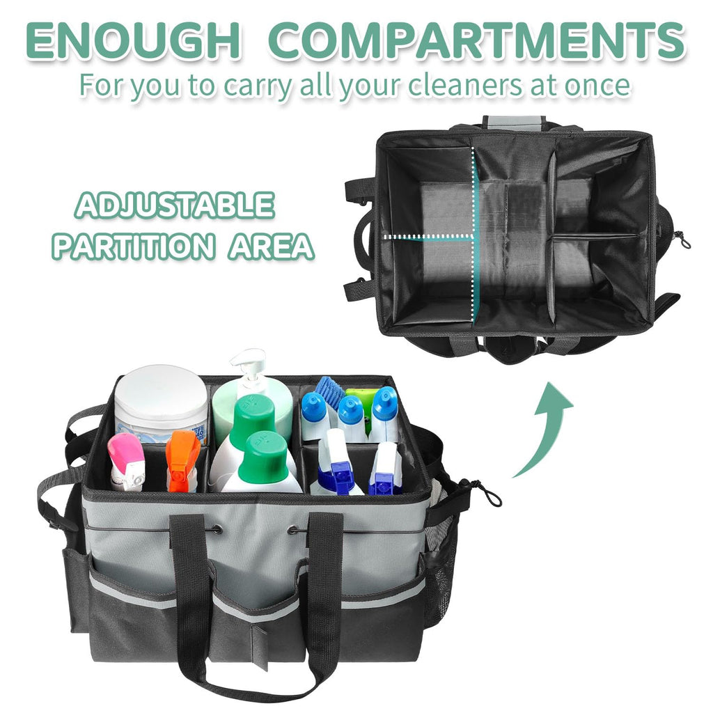 Boczif Cleaning Caddy Bag Wearable, Supplies Organizer with Handle, Shoulder Straps & Detachable Divide, Tool Organizers Tote for Cleaners & Housekeepers (Grey)