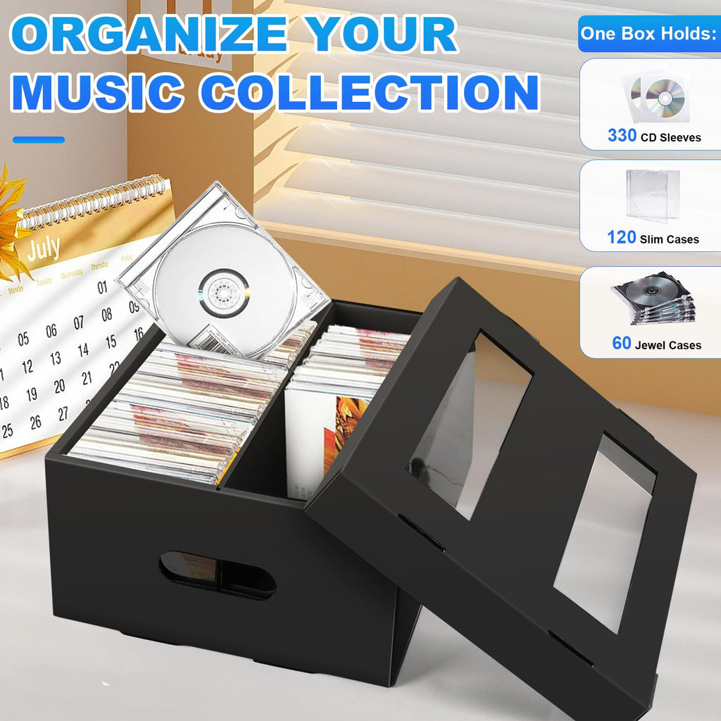 AOPULE CD Storage Boxes, 3 Pack 2 Compartment CD Case Storage, Cardboard DVD Case Holder with PVC Clear Lid, Each Holds 60 CDs in Full Jewel Cases,120 CDs in Slim Cases, 330 Discs in Sleeves
