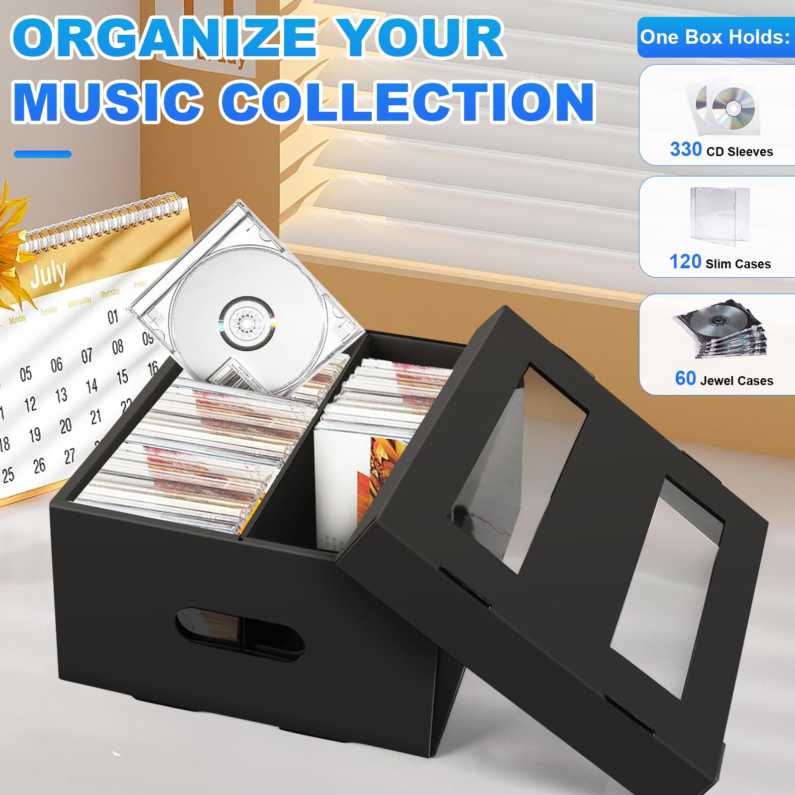 AOPULE CD Storage Boxes, 3 Pack 2 Compartment CD Case Storage, Cardboard DVD Case Holder with PVC Clear Lid, Each Holds 60 CDs in Full Jewel Cases,120 CDs in Slim Cases, 330 Discs in Sleeves