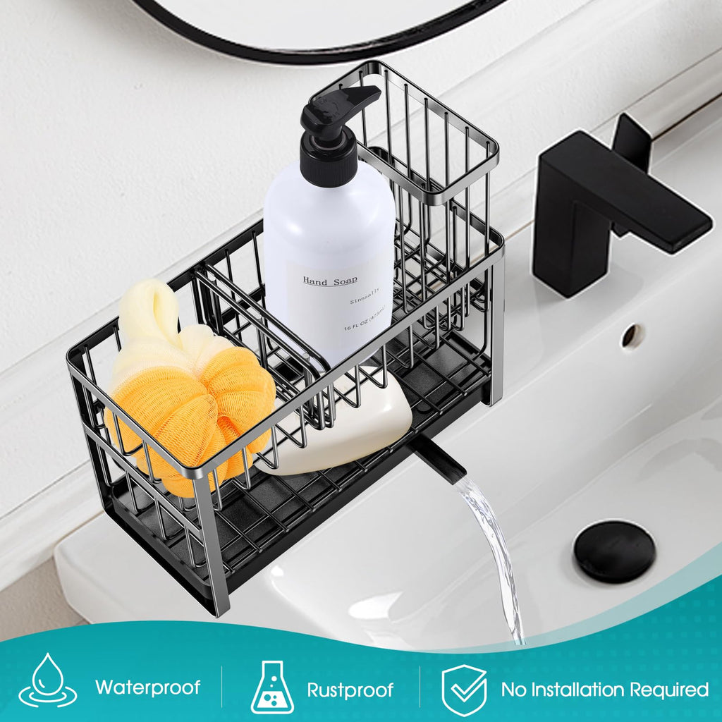 Sinnsally Kitchen Sponge Holder,2 Tier Sink Caddy Organizer with High Brush Holder,Stainless Steel Sink Box Dish Scrubber Holder,Soap Tray for Kitchen Counter Accessories & Storage Rack (Black)