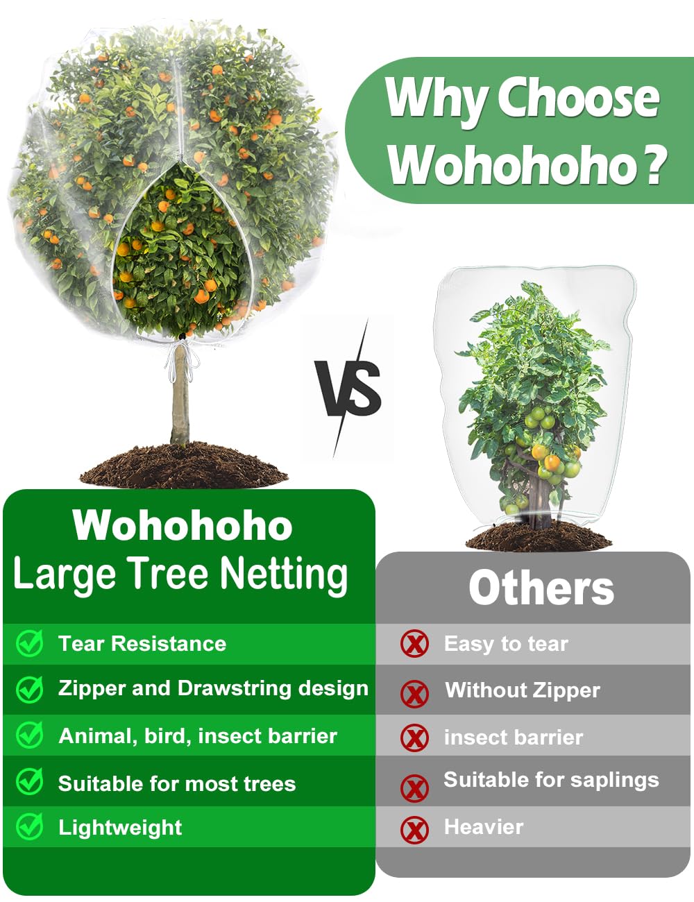 wohohoho 6.6 x 6.6ft Large Fruits Tree Netting, Insect Bird Barrier Tree Net with Drawstring and Zipper, Plant Cover Fruit Tree Protection to Prevent Tomato Blueberry Vegetables from Squirrels Birds