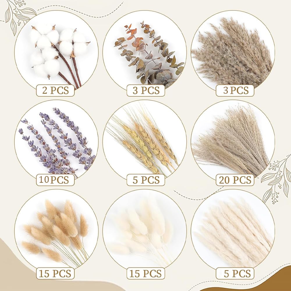 Natural Dried Flower Bouquet - Pampas Grass, Cotton Stems, Bunny Tails, Eucalyptus, Lavender & Wheat - Rustic Boho Decor for Home, Fall Decorations for Home, Wedding, or Gift