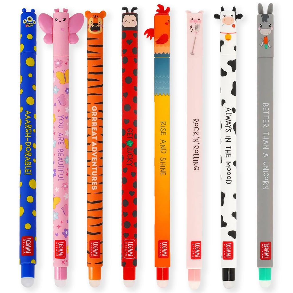 LEGAMI - Set of 8 Erasable Gel Pens with Thermosensitive Erase Ink, Range of ink colours & barrel designs, 0.7mm Tip, Ladybug, Monster, Tiger, Butterfly and Farmyard Designs