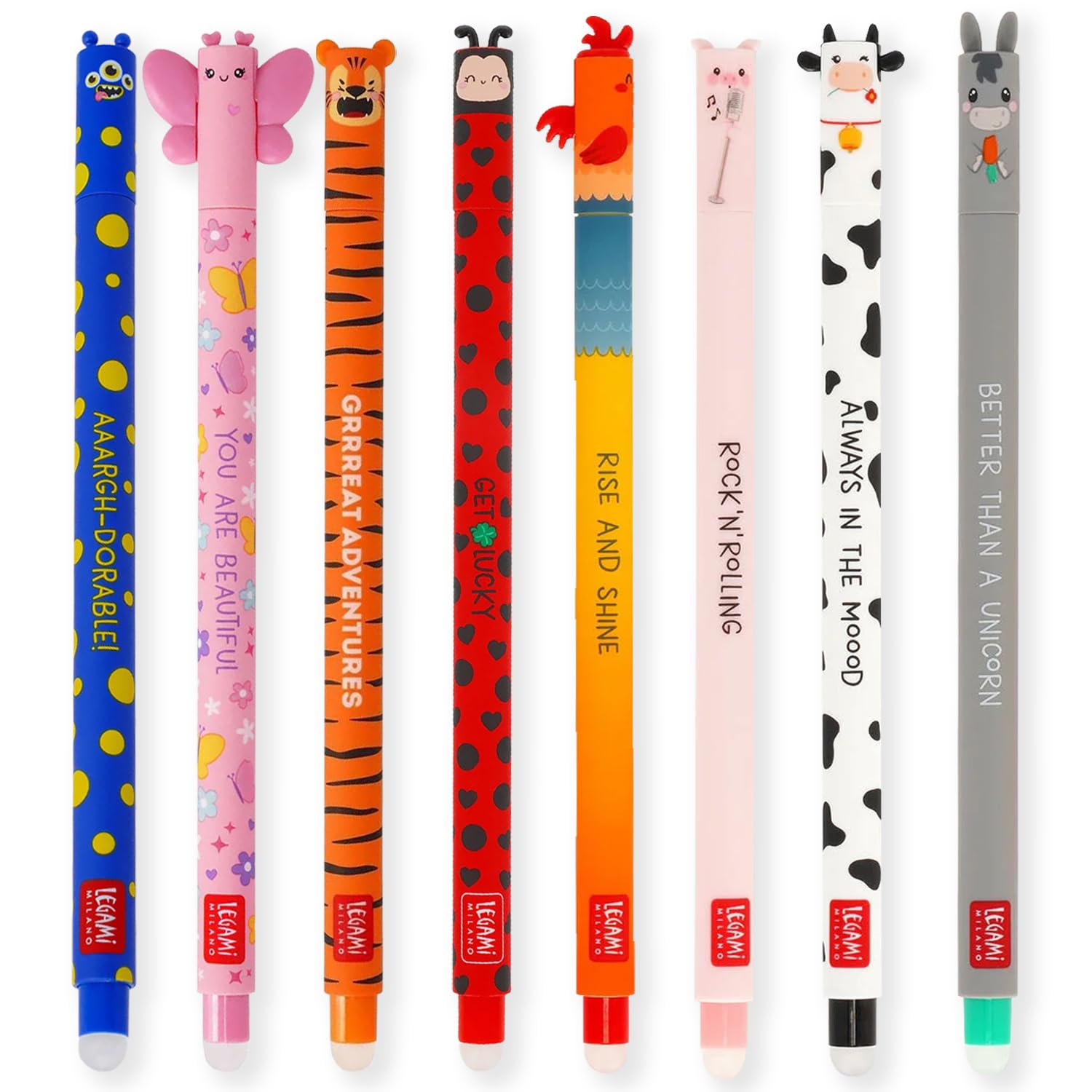 LEGAMI - Set of 8 Erasable Gel Pens with Thermosensitive Erase Ink, Range of ink colours & barrel designs, 0.7mm Tip, Ladybug, Monster, Tiger, Butterfly and Farmyard Designs