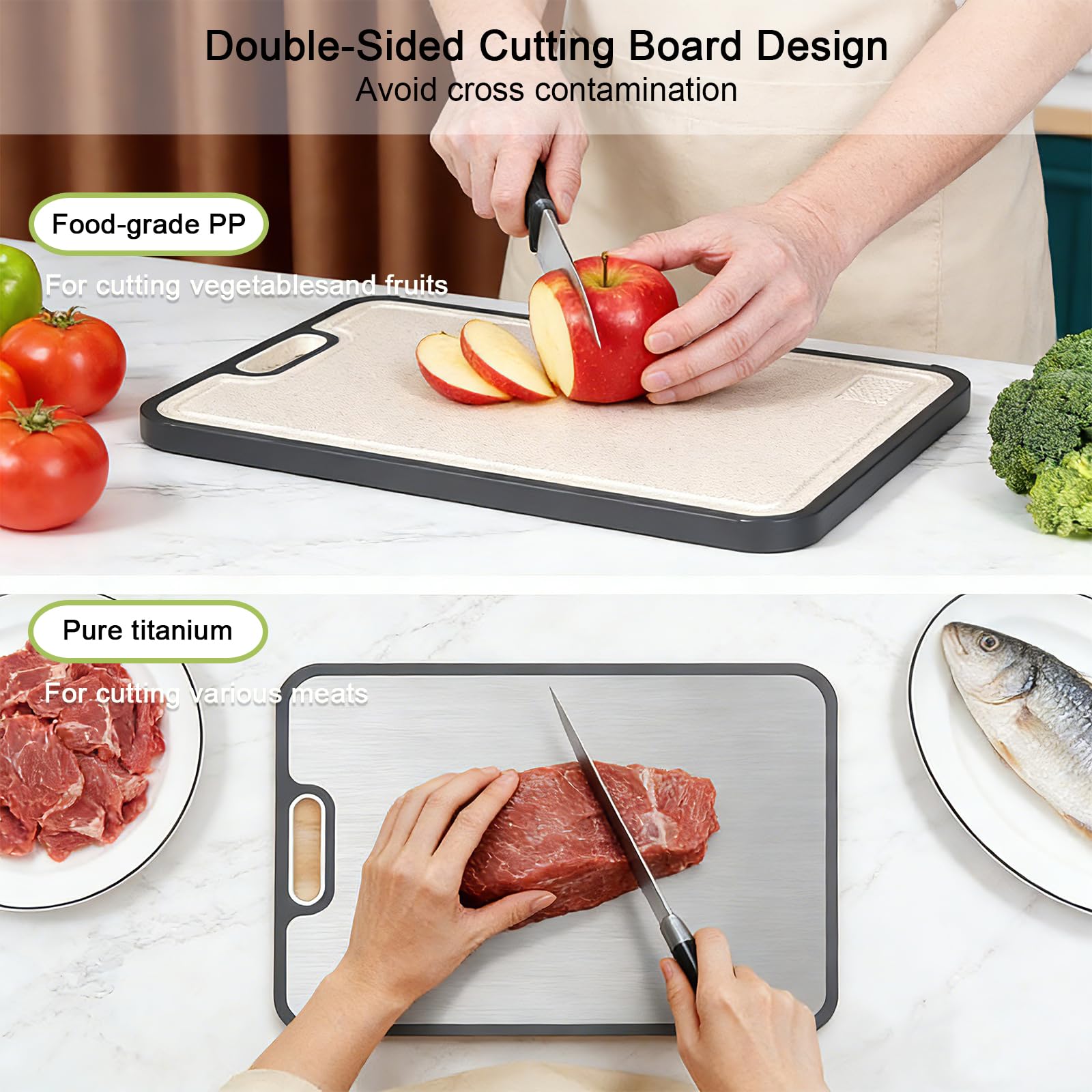 Titanium Cutting Board for Kitchen, Double Sided Food Grade Chopping Board, Pure Titanium & Wheat Straw PP, Easy to Clean Large 16”×10”, Kitchen Essential, Planche a Decouper