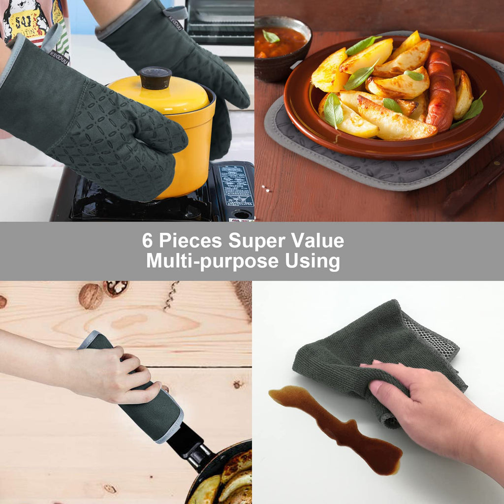KEGOUU Oven Mitts and Pot Holders 6pcs Set, Kitchen Oven Glove High Heat Resistant 500 Degree Extra Long Oven Mitts and Potholder with Non-Slip Silicone Surface for Cooking
