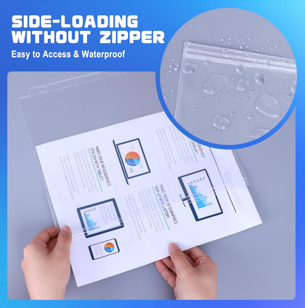 Antner 30 Pack Letter Size Binder Pockets for 3 Ring Binder, Waterproof Resealable Zip Loose Leaf File Bags Document Organizer Folders Insert Page Sleeves PVC 3-Hole Sheet Protectors for 8.5x11 Paper