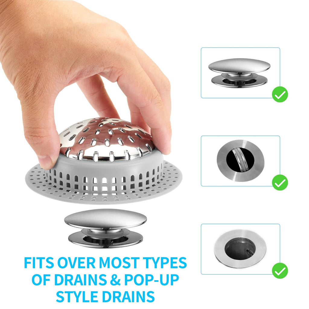 Aluvor Drain Hair Catcher, Bathtub Drain Cover Shower Drain Hair Trap Prevent Clogging Stainless Steel and Silicone Strainer Protector for Pop-Up & Regular Drains