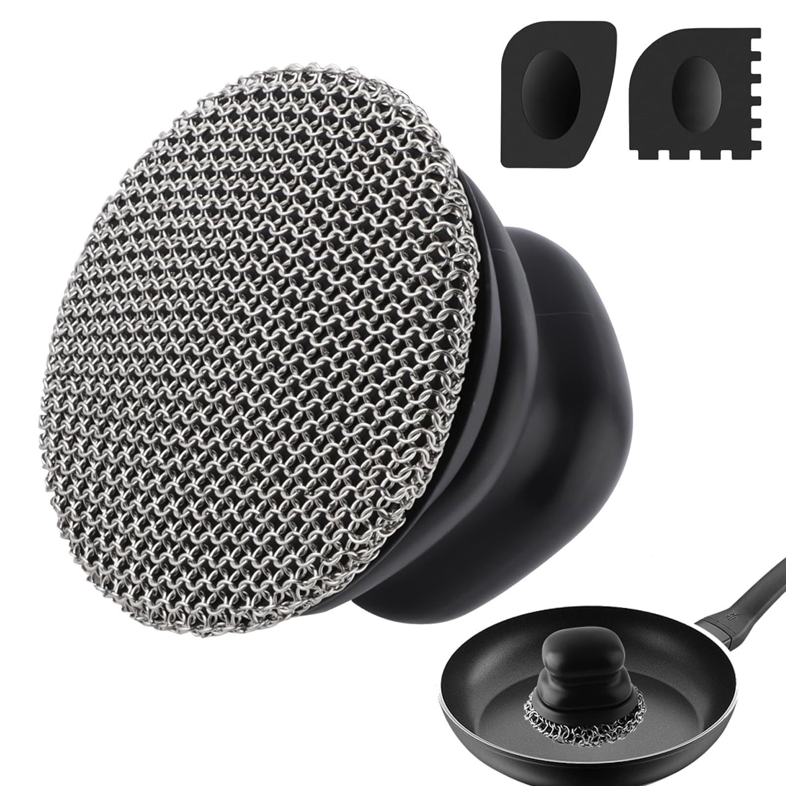 Upgraded Cast Iron Skillet Scrubber with Ergonomic Handle, Chain Mail Cleaning Scrubber for Cast Iron Pans Griddle Cleaning Brush with Pan Grill Scrapers