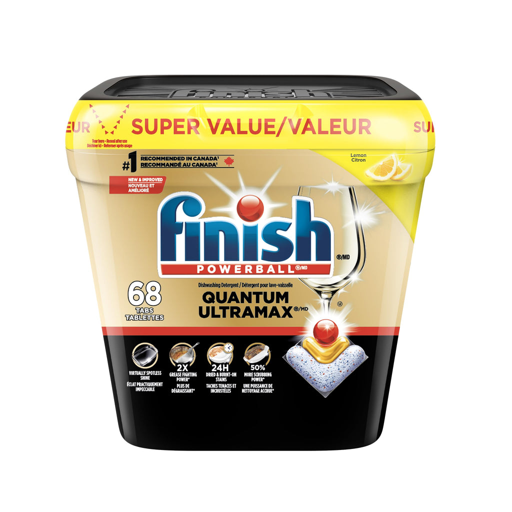 Finish Quantum UltraMAX Dishwasher Detergent Pods, 3-Chamber Formula with PowerBall, 2X Grease Fighting*, Burnt-On & 24H Dried-On Stains, Intense Clean & Diamond Shine, No Pre-Rinse, Lemon, 68 Tabs
