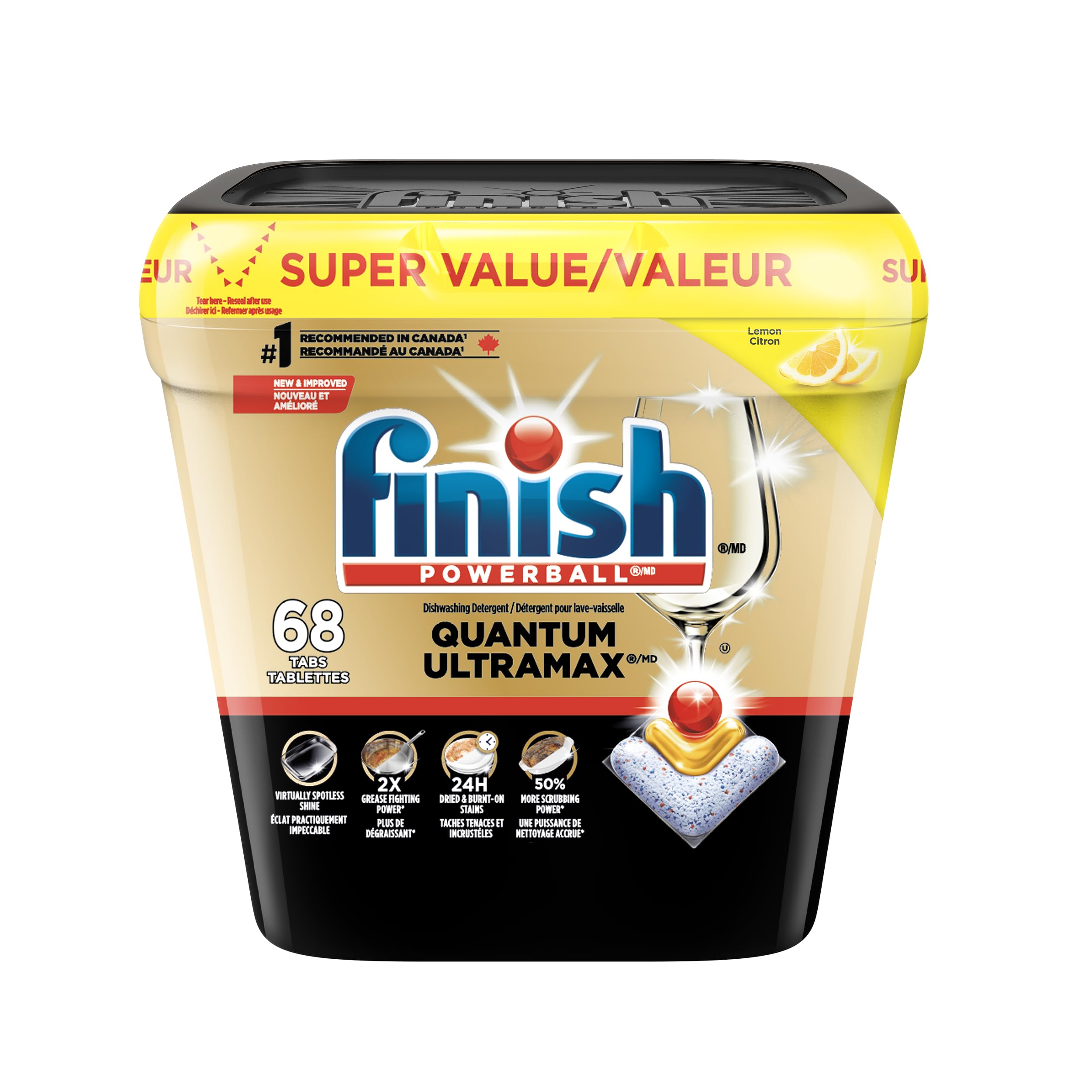 Finish Quantum UltraMAX Dishwasher Detergent Pods, 3-Chamber Formula with PowerBall, 2X Grease Fighting*, Burnt-On & 24H Dried-On Stains, Intense Clean & Diamond Shine, No Pre-Rinse, Lemon, 68 Tabs