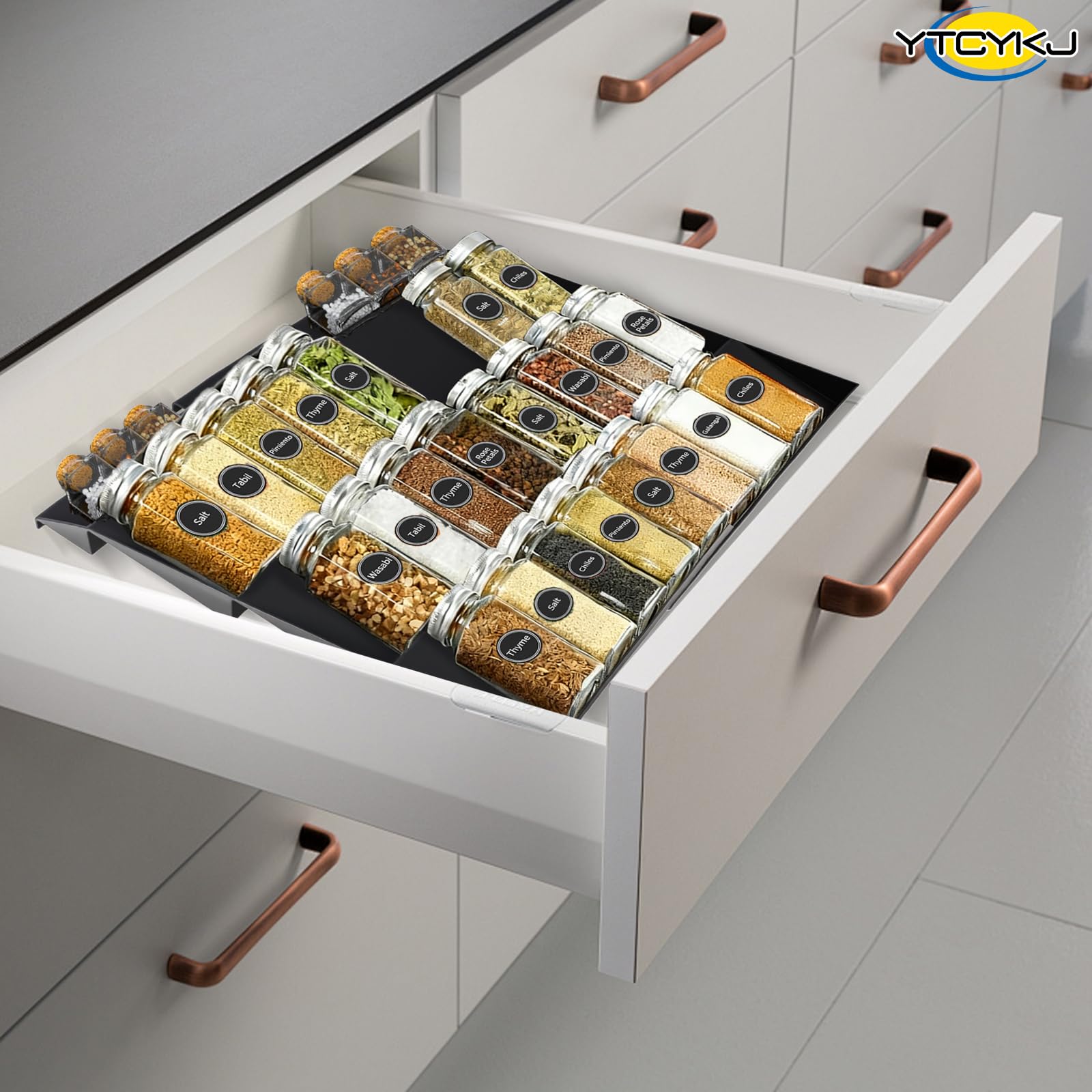 Spice Drawer Organizer with 180 Labels,4 Tier 2 Pack Drawer Seasoning Organizer with Guardrail,Spice Rack Organizer Expandable from 30 cm to 60 cm for Kitchen Drawers,Cabinets,Countertop