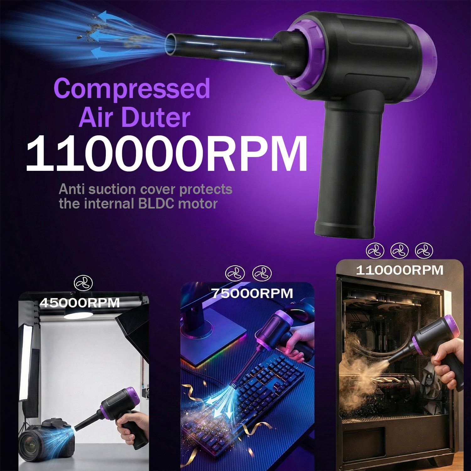 Goweto 14.5KPA Computer Keyboard Vacuum Cleaner &110000RPM Electric Air Duster 3-in-1,Replaces Canned Air,for PC Tower & Car Laptop Sewing Machine Portable Keyboard Vac USB Desk Crumbs Dust Cleaners