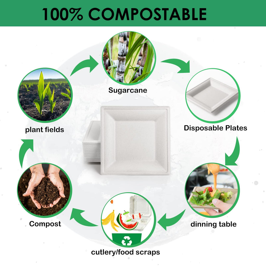 Gezond Compostable Square Plates 10 Inches, 100pcs Disposable Paper Plates, Eco-Friendly Heavy Duty Biodegradable Sugarcane Plates for Party, White