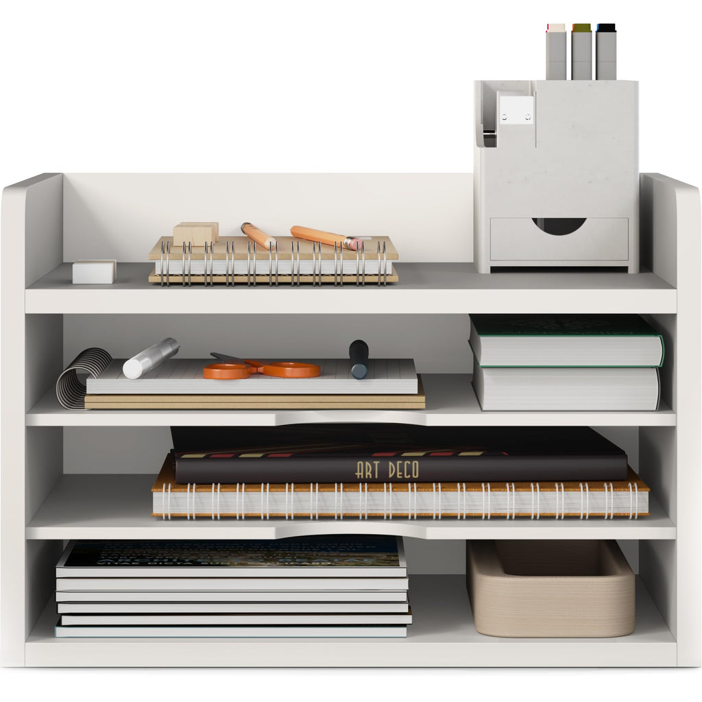Ballucci File Organizer, 4-Tier Office Desk Organizer, Open Top Wood Paper Organizer for Classroom, Desktop Mail Sorter Paper Tray, White