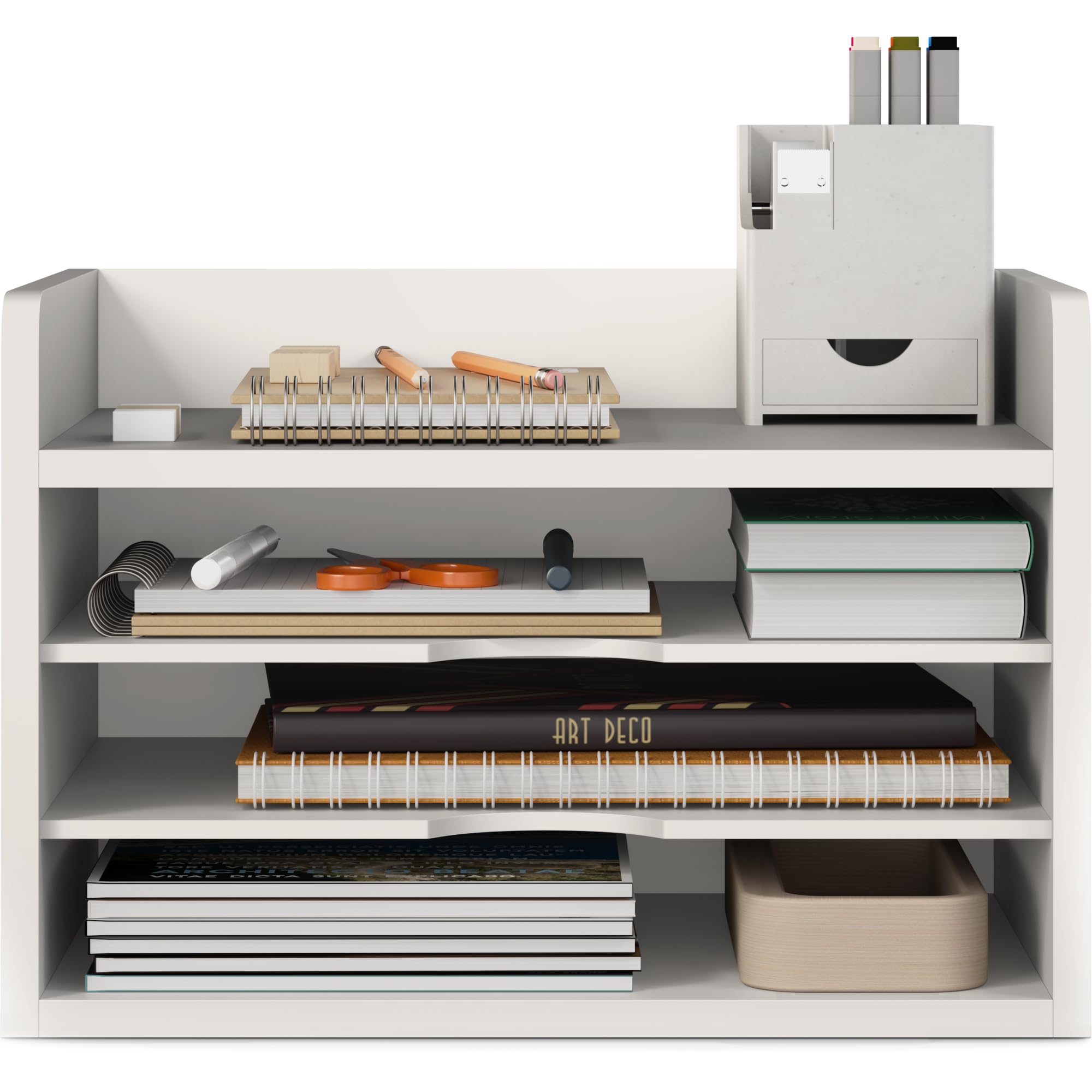Ballucci File Organizer, 4-Tier Office Desk Organizer, Open Top Wood Paper Organizer for Classroom, Desktop Mail Sorter Paper Tray, White