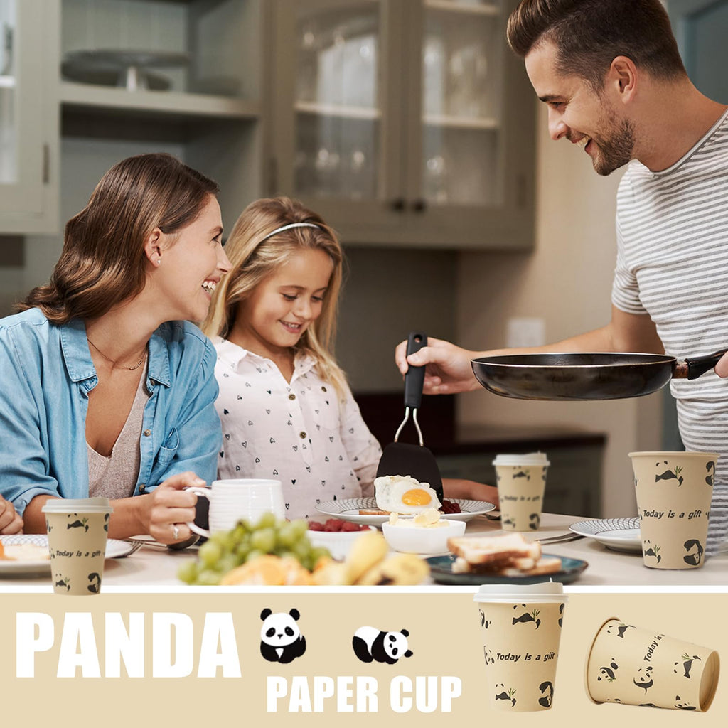 12 OZ 25 Pack Disposable Cups Paper Coffee Cups with Lids, Disposable Paper Cups for Cold/Hot Drinks, Eco-friendly Leak-Proof To Go Drinking Cups for Office Party Home Picnic & Travel (Panda)