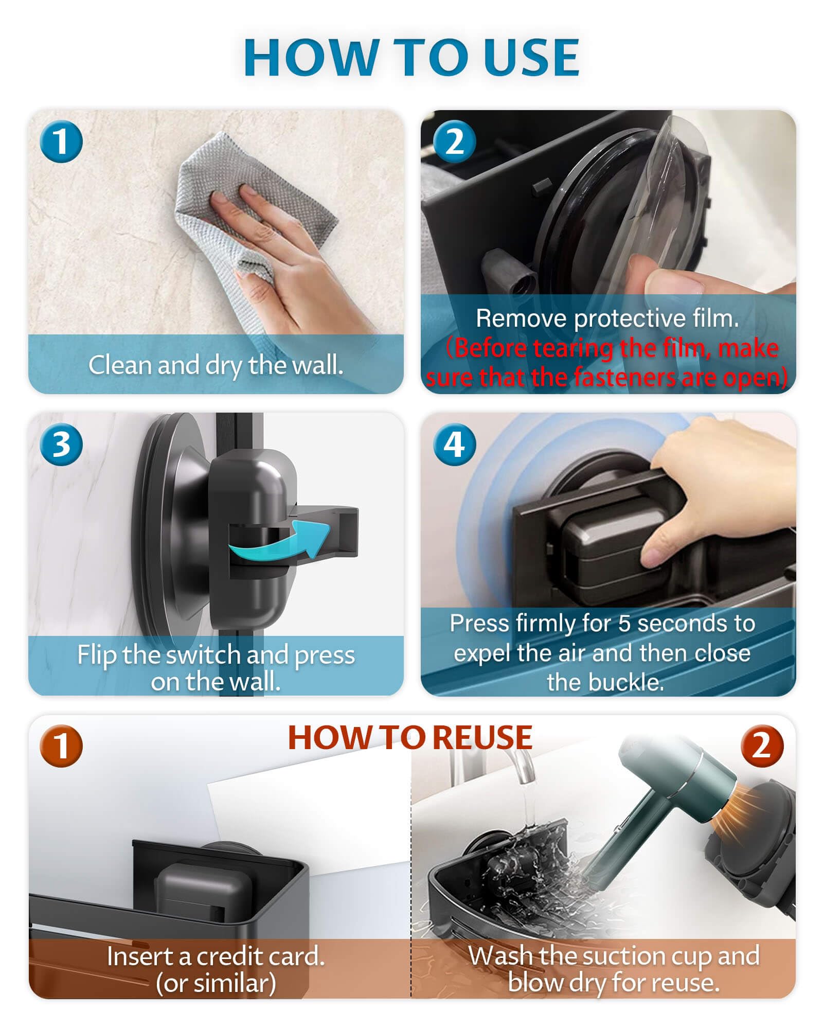 Suction Cup Shower Caddy, 2-Pack Shelf Organizer for Bathroom, Bathroom Suction Shelves with Portable Hooks, Shower Caddies Corner with Towel Bar,Matte Black