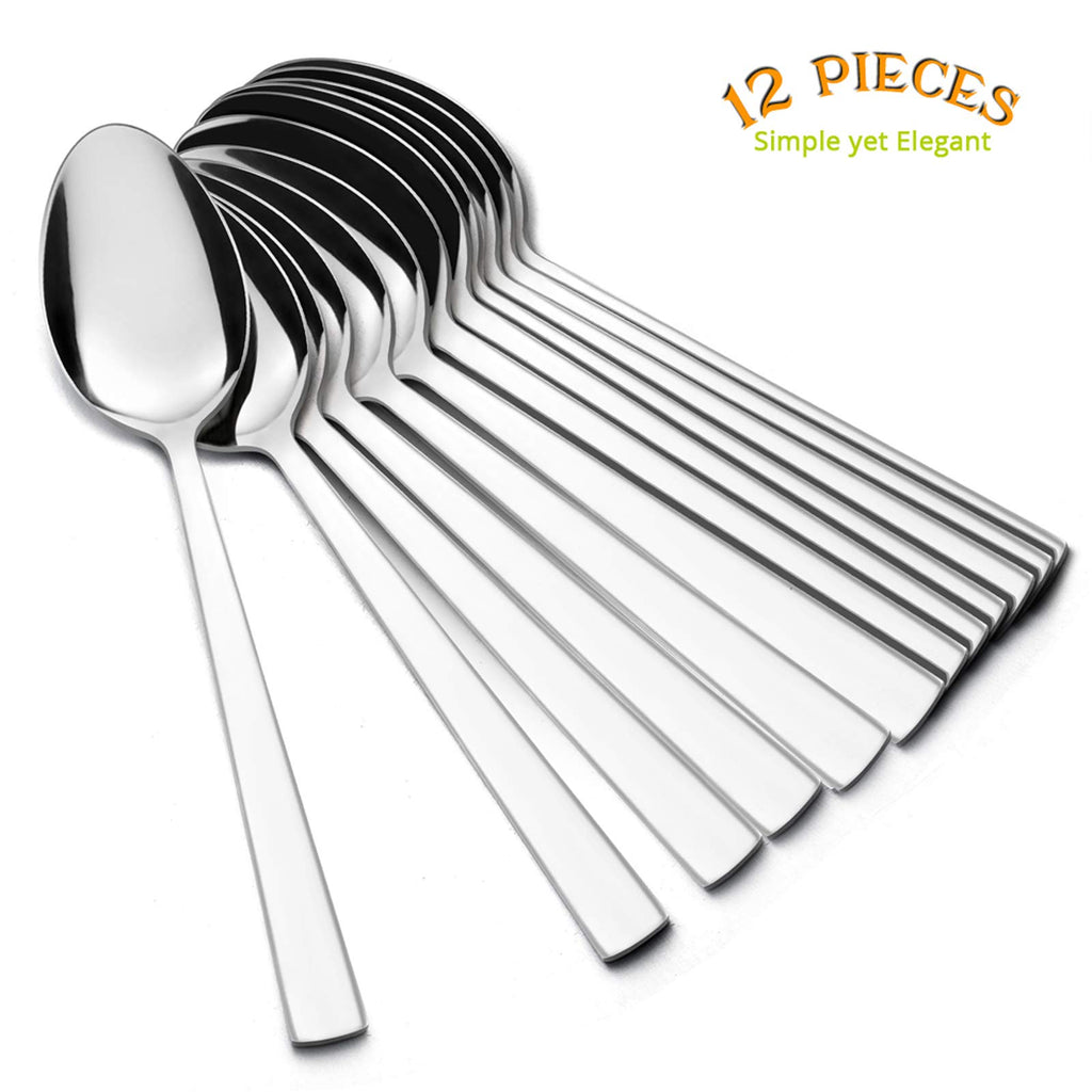 Teaspoon Set of 12, E-far 6.7 Inch Stainless Steel Spoons for Kitchen or Restaurant, Non-toxic & Mirror Polished, Squared Edge & Dishwasher Safe