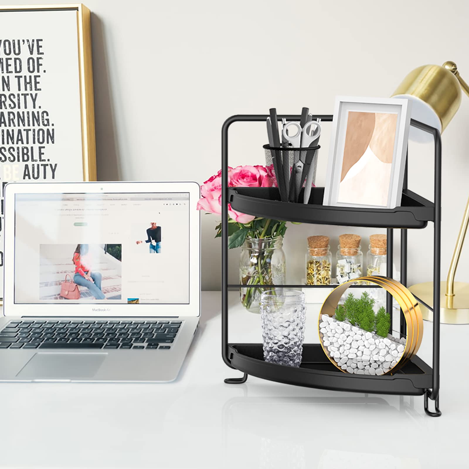 Mokani Bathroom Organizers Countertop, 2-Tier Corner Shelf, Counter Organizer, Makeup Cosmetic Perfume Vanity Storage for Bathroom Washroom Kitchen Spice Rack