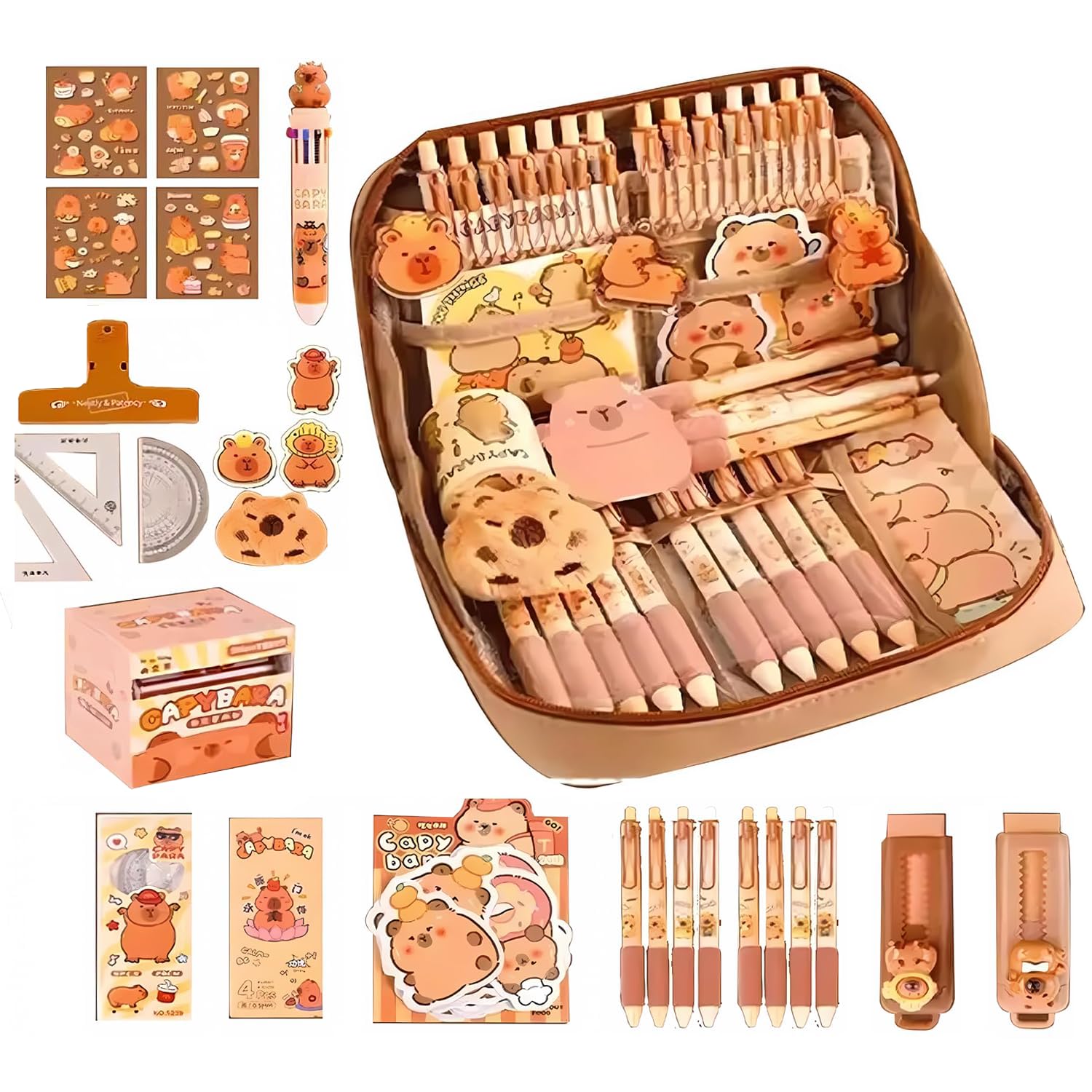 Capybara Pencil Case Stationery Set, Cute Large Capacity Pen Pouch Holds 120 Pens with 12-Layer Design, Complete Back to School Supplies Kit for Middle School Students, Accessories