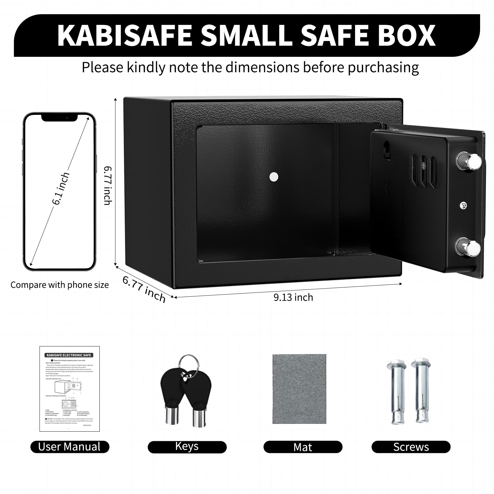 KABISAFE Safe Box 0.3 Cubic Feet, Small Safe with Digital Keypad and Key, Anti Theft Safe for Jewelry Watch Cash, Personal Money Safe for Home (Black)