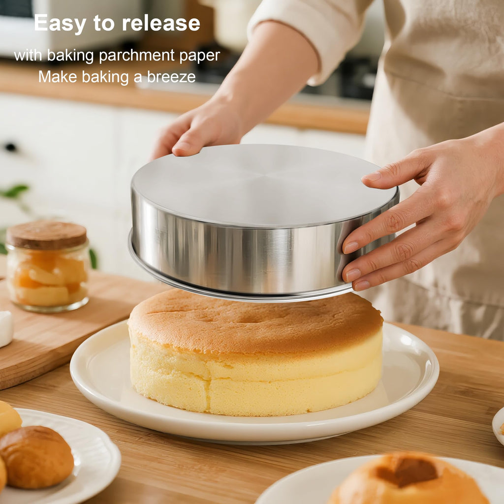 8 Inch Cake Pan Set of 3, Nonstick Circle Round Cake Pans with 100PCS Pre-cut Parchment Papers for Layer Cake, Non-Toxic Stainless Steel Baking Pans Set for Birthday Christmas Wedding, Dishwasher Safe