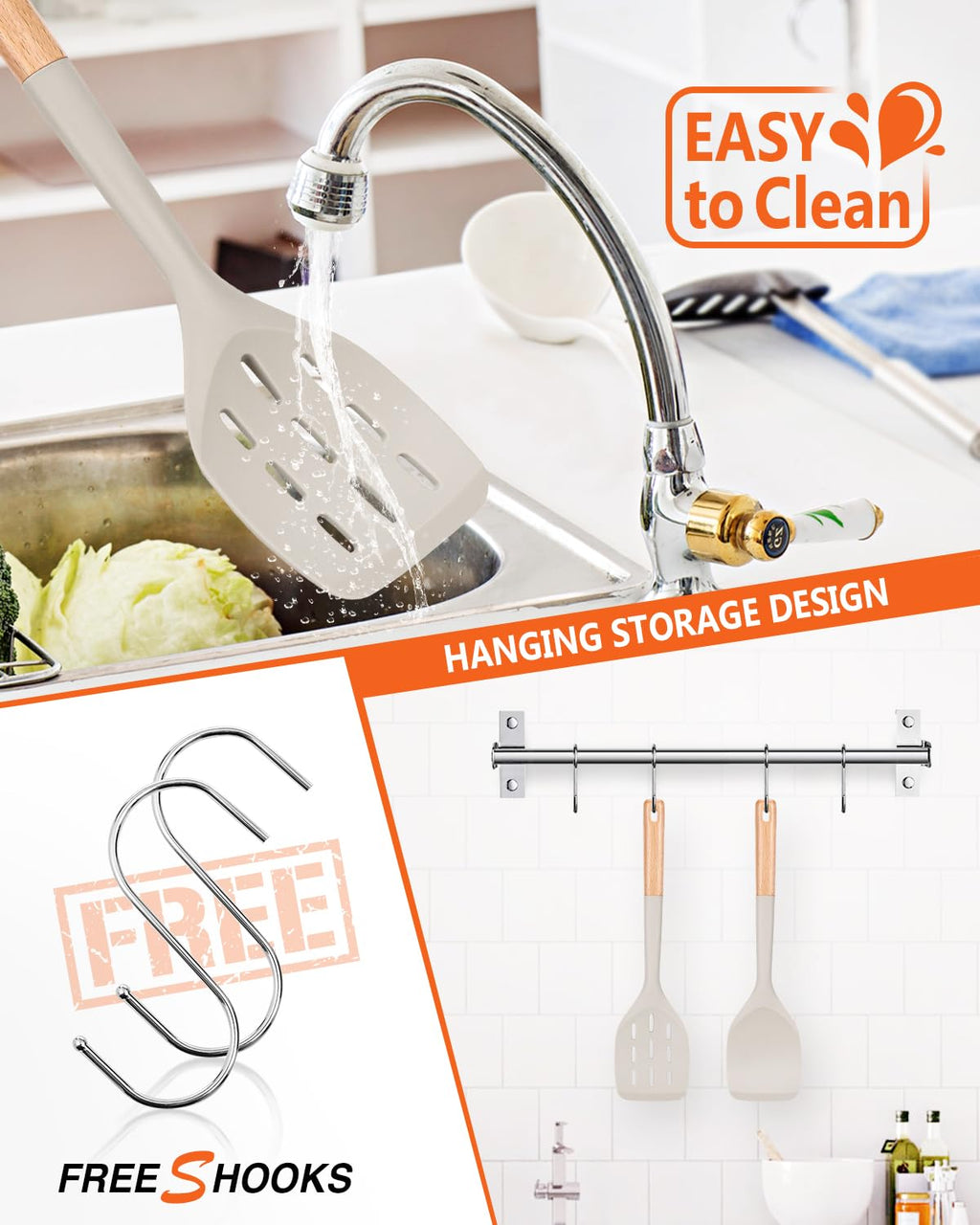 Pack of 2 Silicone Spatula, Non Stick Cooking Utensil Set Stainless Steel Handle Kitchen Turner for Baking Mixing Grilling Serving Food Heat Resistant Non Scratch Hooks Included (Khaki)