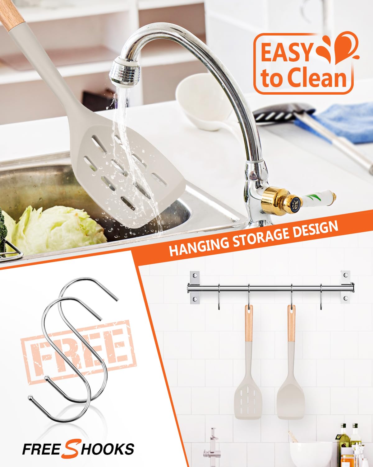 Pack of 2 Silicone Spatula, Non Stick Cooking Utensil Set Stainless Steel Handle Kitchen Turner for Baking Mixing Grilling Serving Food Heat Resistant Non Scratch Hooks Included (Khaki)