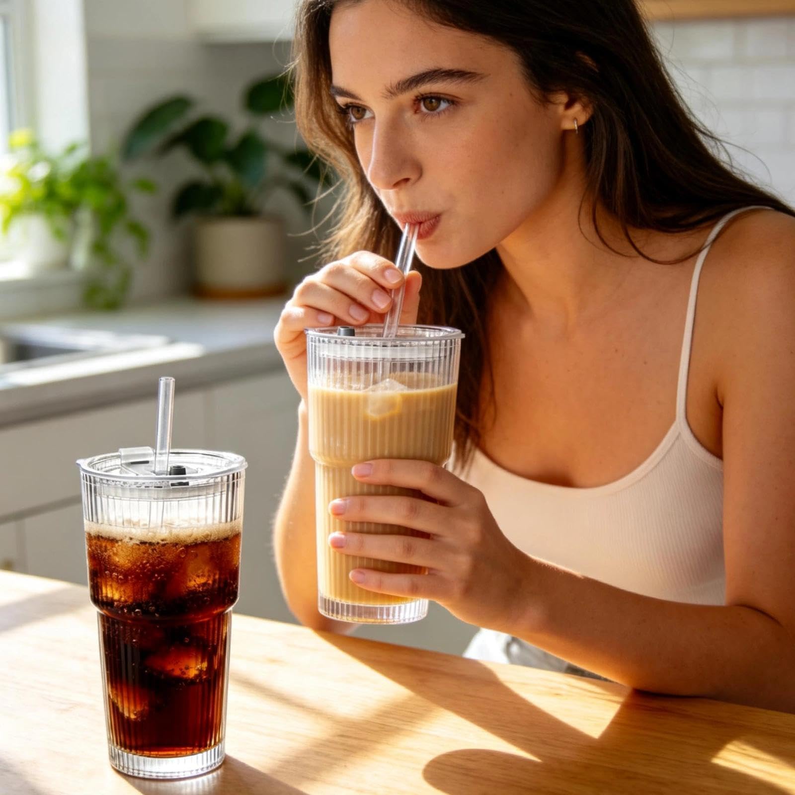 Ribbed Glass Tumbler with Lid and Straws, Resuable Ice Coffee Cups, to Go Drinking Glasses for Water, Smoothie, Matcha, Iced Tea Fruit Juice, Hot and Cold Beverages, Clear, 20oz, Set of 2