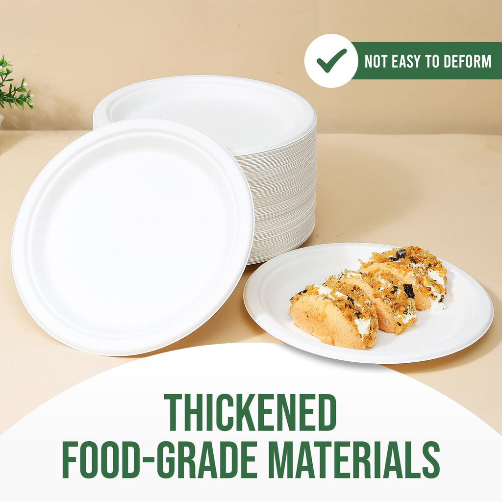 TaidMiao 9 Inch Paper Plates 100 Pack - 100% Compostable Dinnerware | Leak & Grease Resistant Disposable Plates for Parties, Microwavable, Bulk Eco-Friendly - White