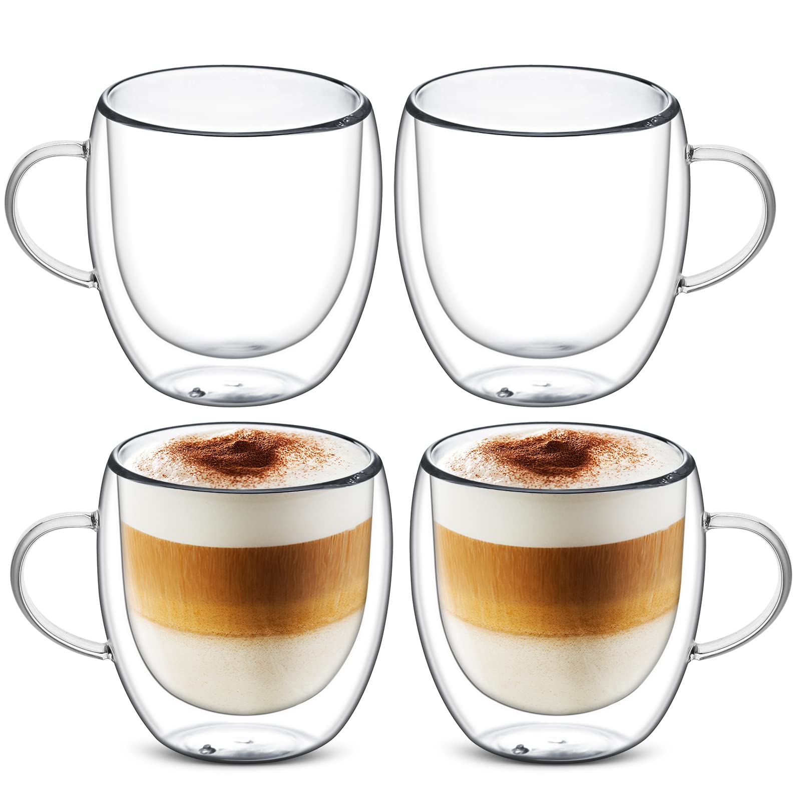 Cappuccino Glass Mugs, Set of 4 Double Walled Espresso Mug Cups Glass Mug Set, Insulated Drinking Glass Coffee Cups with Handle, Clear Glass Mugs for Latte, Cappuccino, Tea Bag, Juice (250ml /8.45oz)