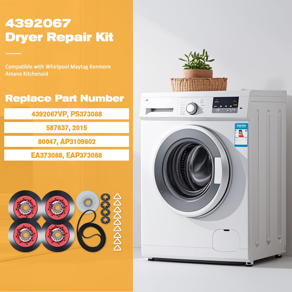 4392067 Dryer Repair Kit Compatible with Whirlpool Maytag Kenmore, Replaces 4392067VP PS373088 AP3109602, 27 Inch Dryer Repair Kits Include 279640 Idler Pulley W10314173 Drum Roller 661570 Belt