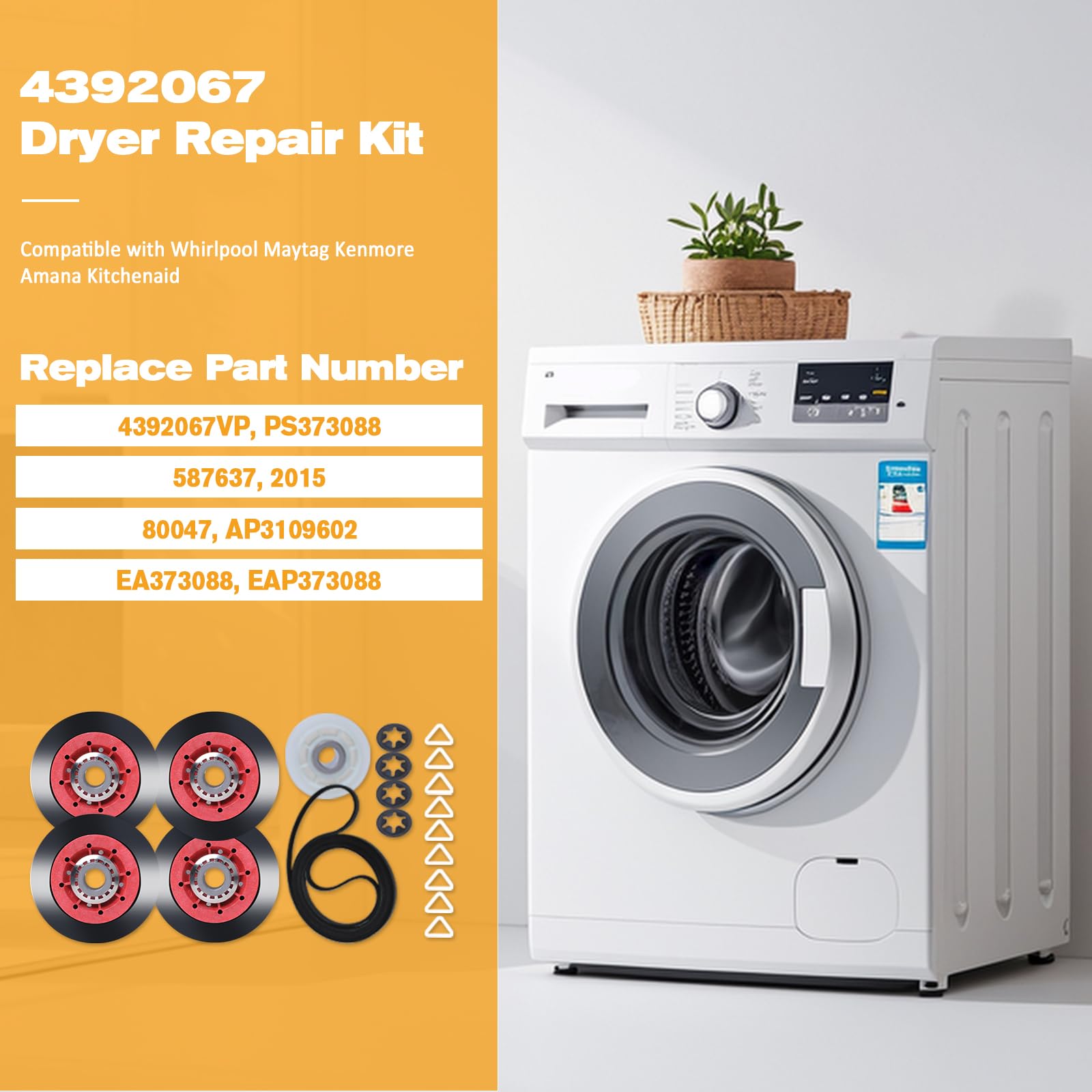 4392067 Dryer Repair Kit Compatible with Whirlpool Maytag Kenmore, Replaces 4392067VP PS373088 AP3109602, 27 Inch Dryer Repair Kits Include 279640 Idler Pulley W10314173 Drum Roller 661570 Belt