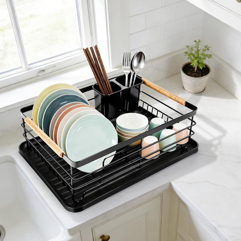 Fvellix Dish Racks for Kitchen Counter, Thickened Metal Dish Drying Rack with Wooden Handles, Kitchen Countertop Organizer for Dishes, Spoons and Forks, No Assembly, Black, 16.7''*12.6''*5.12''