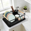 Fvellix Dish Racks for Kitchen Counter, Thickened Metal Dish Drying Rack with Wooden Handles, Kitchen Countertop Organizer for Dishes, Spoons and Forks, No Assembly, Black, 16.7''*12.6''*5.12''