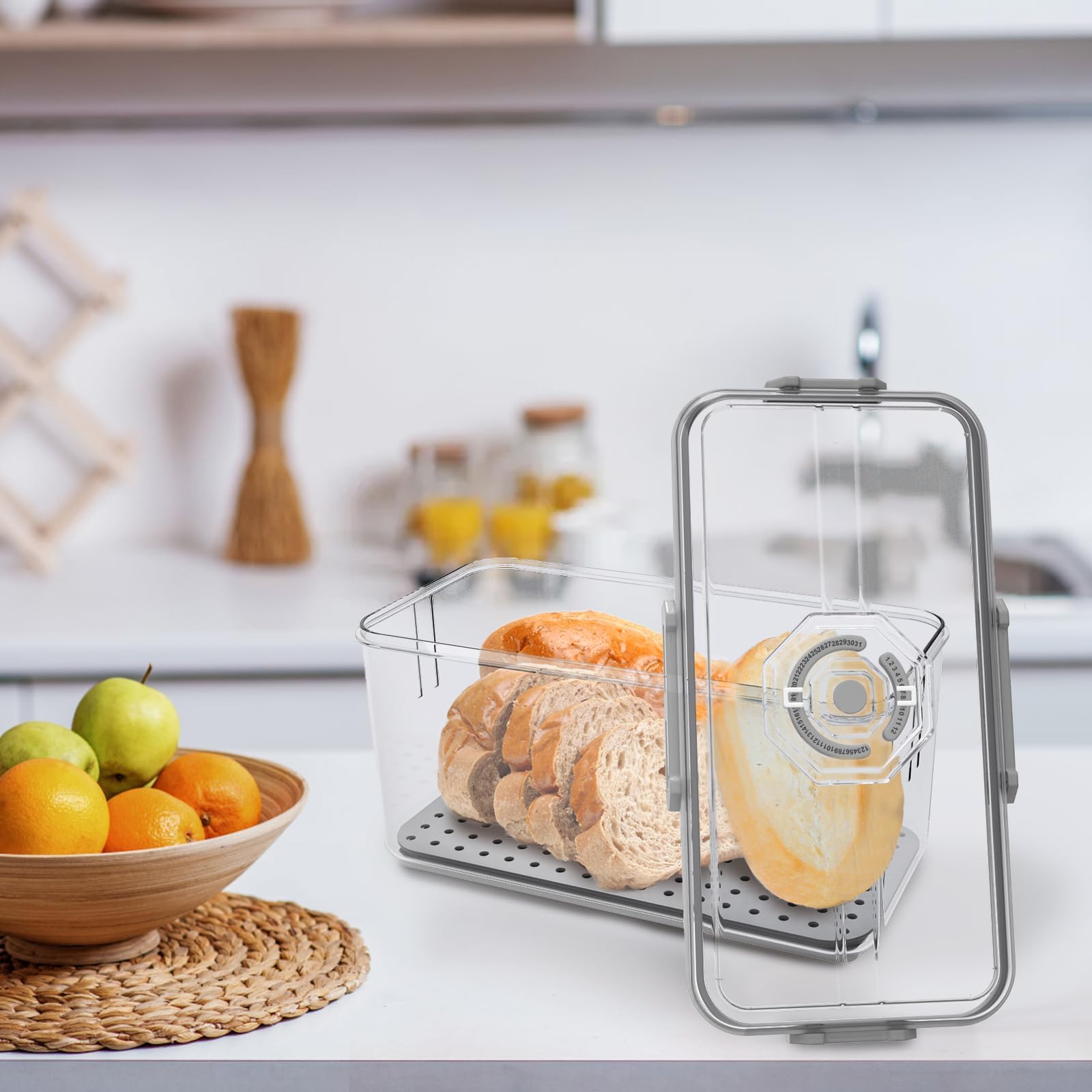 ZEAYEA Bread Box for Kitchen Countertop, Airtight Bread Storage Container, Time Recording Plastic Bread Keeper for Bread Bagel Loaf, Fresh Container for Vegetable Fruit Fridge Organizer