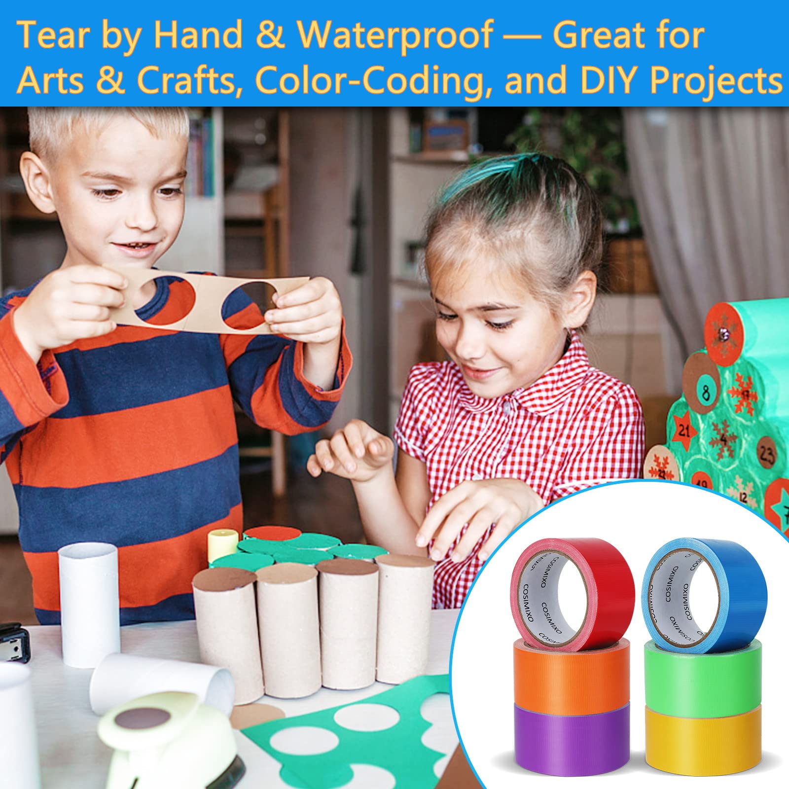 COSIMIXO 6-Pack Rainbow Colored Duct Tape 15 Yards x 2 Inch No Residue, Tear by Hand & Waterproof,Great for Arts & Crafts, Color-Coding, and DIY Projects