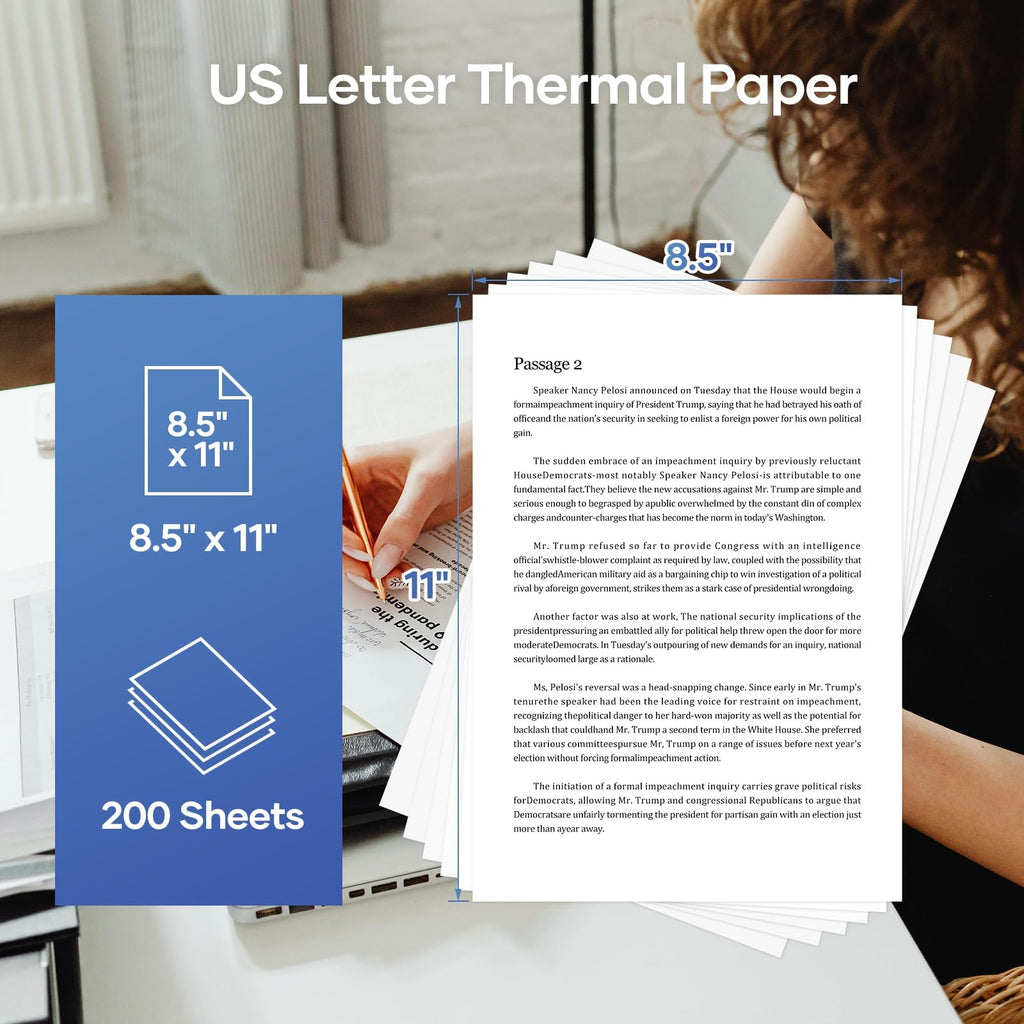 iDPRT Thermal Paper 8.5X11 200 Sheets US Letter for MT610 M08F M832 M834 M833 MT888 Portable Printer, Continuous File Printing Thermal Paper for iDPRT/HPRT/PRT and Other Document Portable Printers